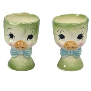 Vintage Set of 2 3” Anthropomorphic Duck Bird Kitsch Ceramic Egg Holders
